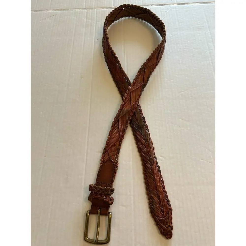Vtg Mens Braided Belt Brown Variegated Leather Solid Brass Buckle Casual Sz 36